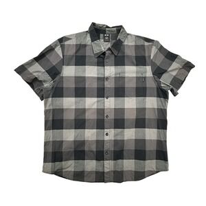 Oakley Shirt Mens 2XL Regular Fit Short Sleeve Button Up Plaid Gray Black Pocket
